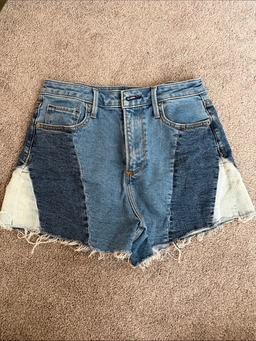 Aqua - High-Waist Patchwork Denim Shorts - Blue